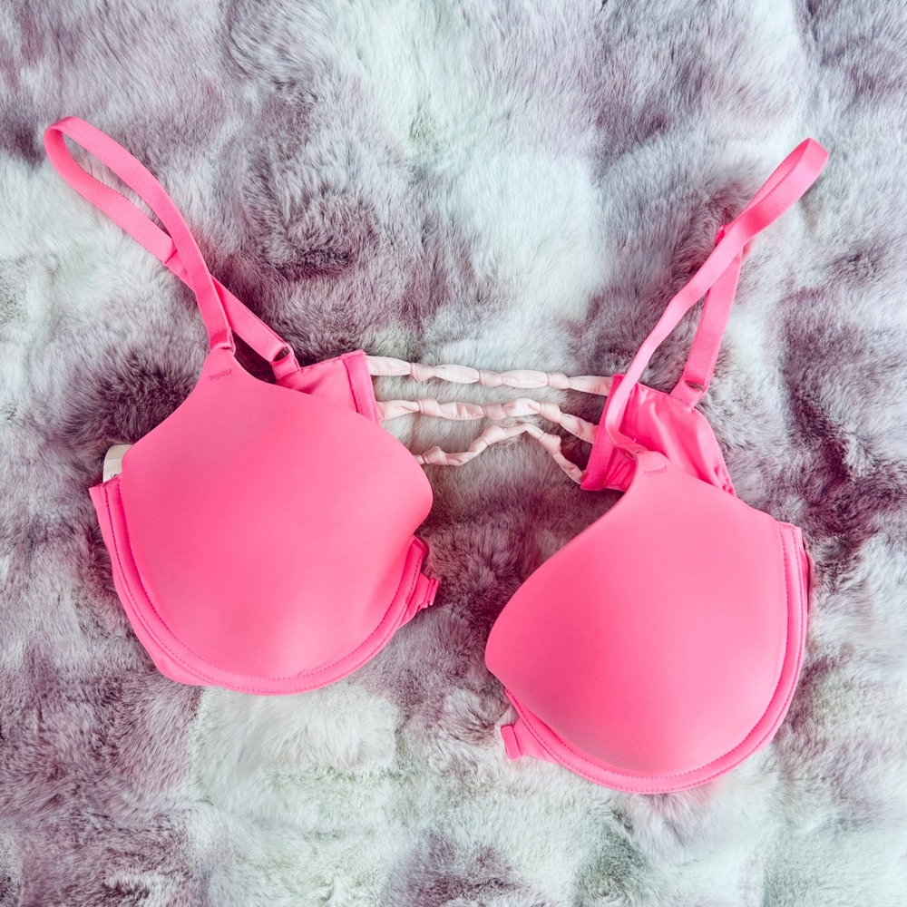 Victoria's Secret Lined Demi Bra 38C Neon Pink Front Closure Strappy Back New - Picture 3 of 5